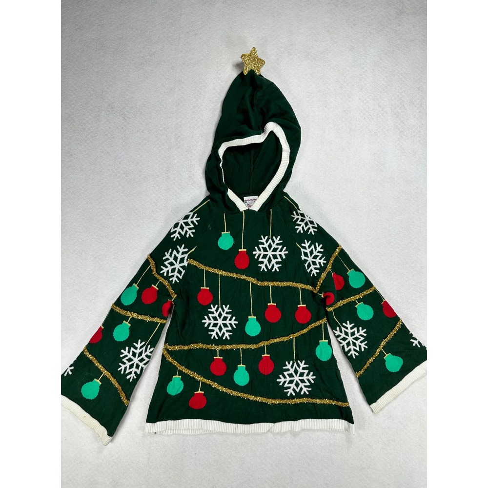 Kids Christmas Tree Hoodie Sweater Green Gold Star Ornament M 7-8